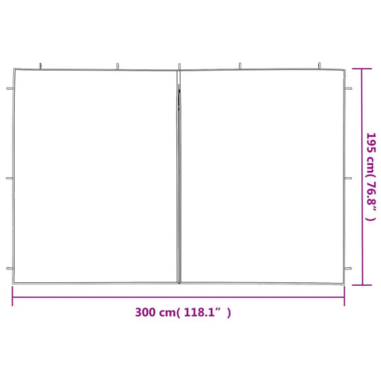 Dimensions of party tent sidewall with zipper, measuring 300 cm width and 195 cm height, ideal for outdoor events.