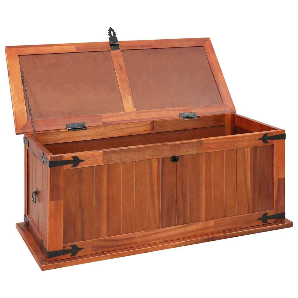 Storage Chest 90x45x40 cm Solid Acacia Wood open with ample storage space and decorative design.