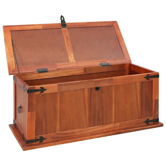 Storage Chest 90x45x40 cm Solid Acacia Wood open with ample storage space and decorative design.