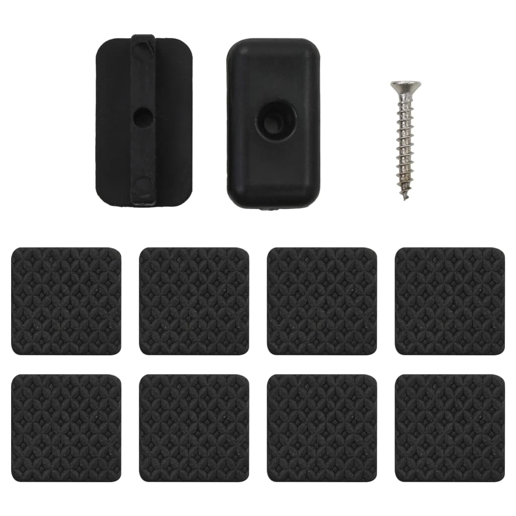 Black furniture pads and screws for added stability and protection on surfaces. Ideal for various outdoor furniture applications.