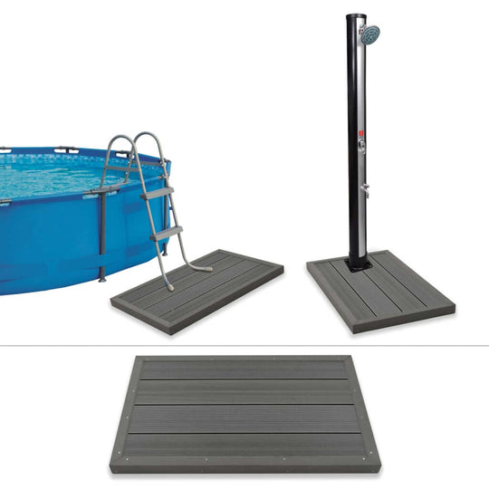 Multifunctional WPC floor element for solar shower and pool ladder, water-resistant and nonslip design.