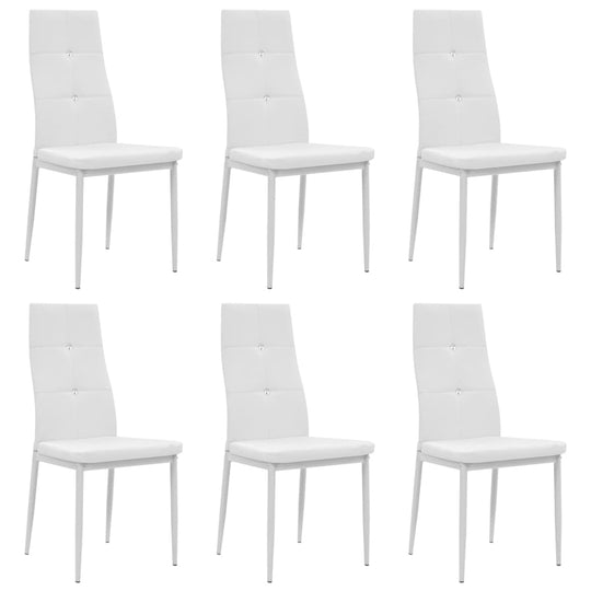 Set of 6 white faux leather dining chairs with padded seats and elegant design for outdoor and indoor use.