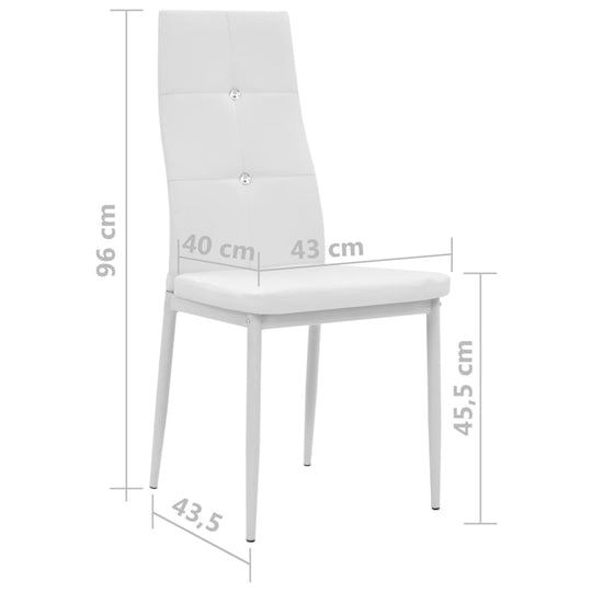 Dimensions of a white faux leather dining chair with steel legs and crystal accents, perfect for outdoor and patio furniture.