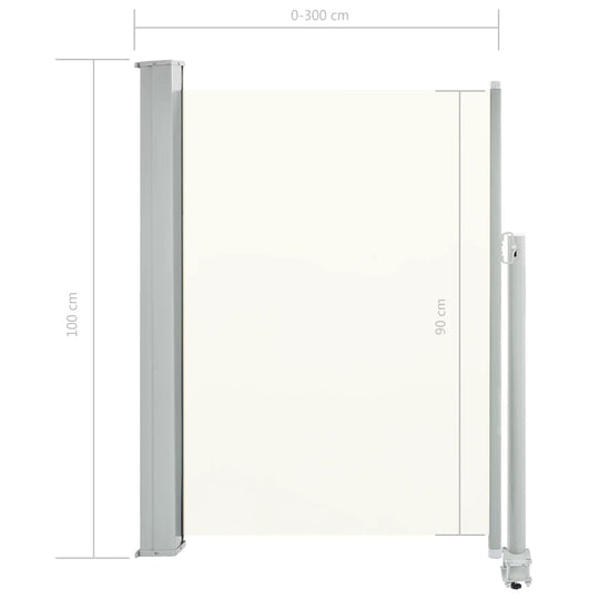 Cream retractable side awning dimensions 100 x 300 cm, ideal for outdoor privacy on patios and balconies.