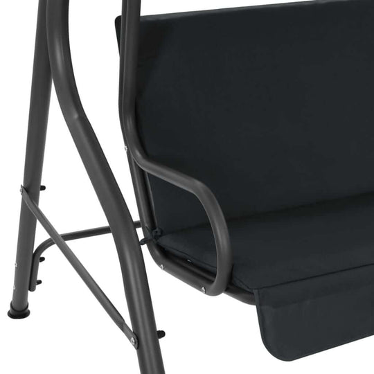 Close-up of the anthracite garden swing bench showing durable steel frame and comfortable polyester fabric seat.