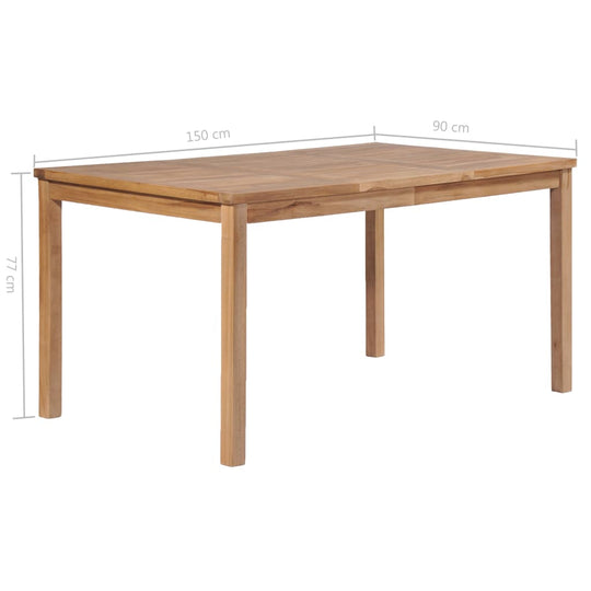 Solid teak wood garden table 150x90x77 cm, ideal outdoor furniture for kitchen, garden, or patio.