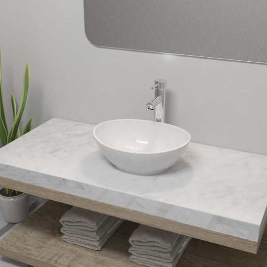 Bathroom Basin with Mixer Tap Ceramic Oval White