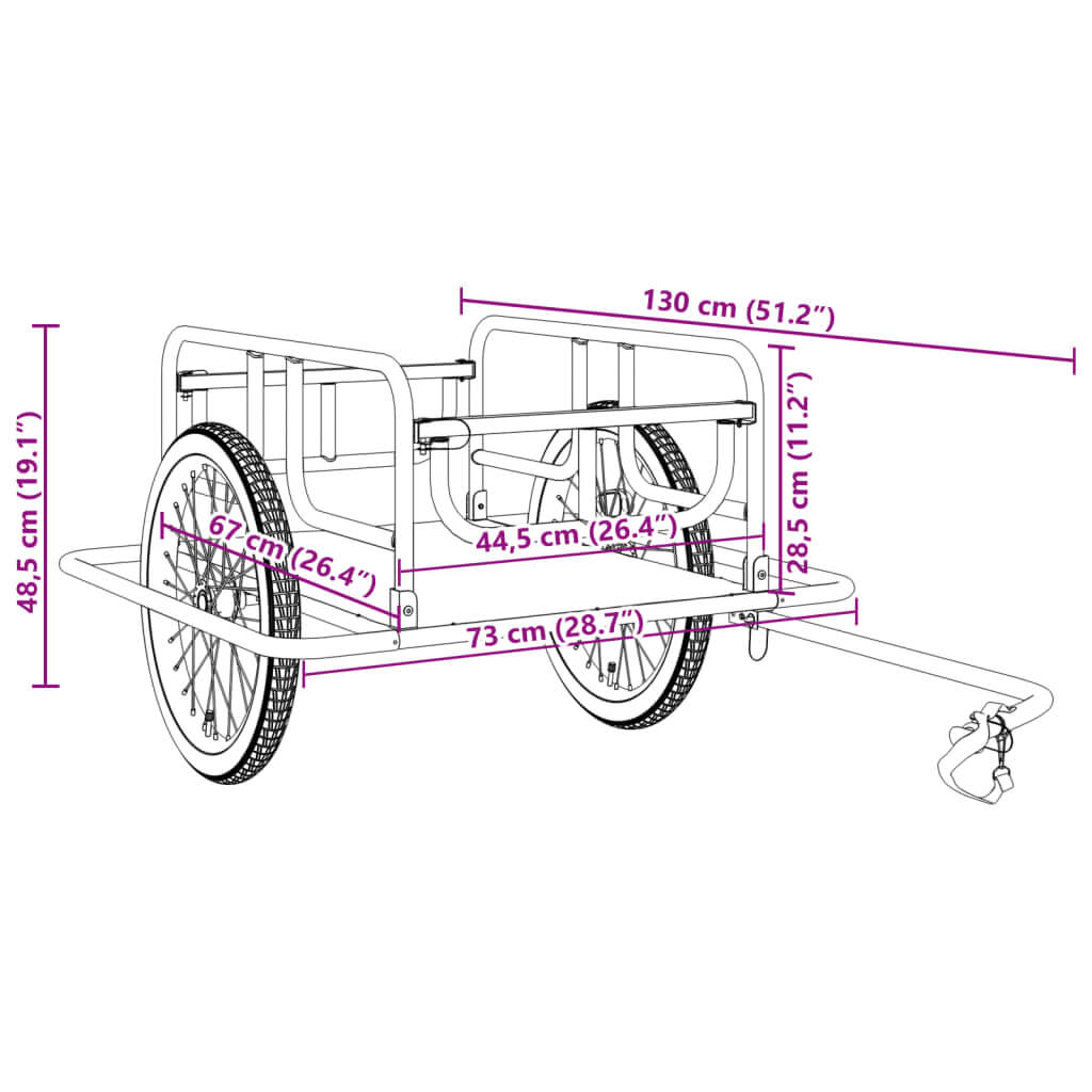 Bike trailer dimensions 130x73x48.5 cm in black steel, ideal for transporting furniture, outdoor items, and groceries.