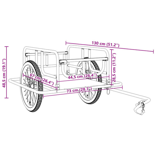 Bike trailer dimensions 130x73x48.5 cm in black steel, ideal for transporting furniture, outdoor items, and groceries.