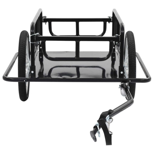 Black two-wheeled bike trailer with heavy-duty steel frame, featuring a quick-release hitch for easy attachment. Ideal for outdoor use.