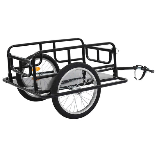 Two-wheeled bike trailer for hauling goods, featuring a black steel frame and quick-release hitch for easy attachment.