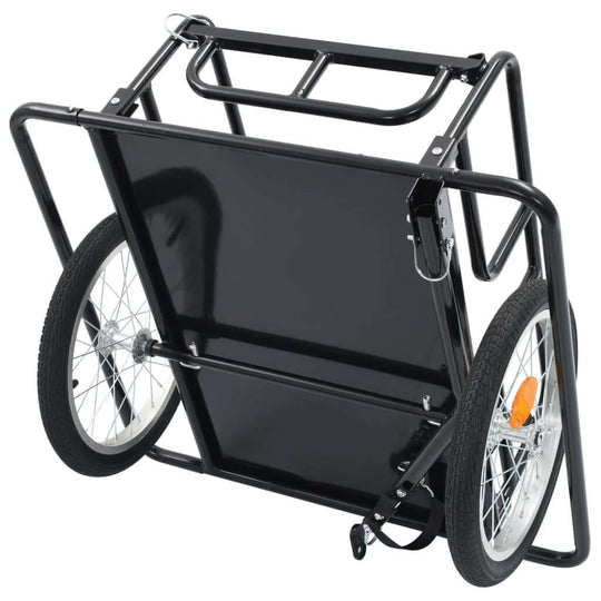 Black steel bike trailer with two wheels, compact design for easy storage and transportation, max load 50 kg.