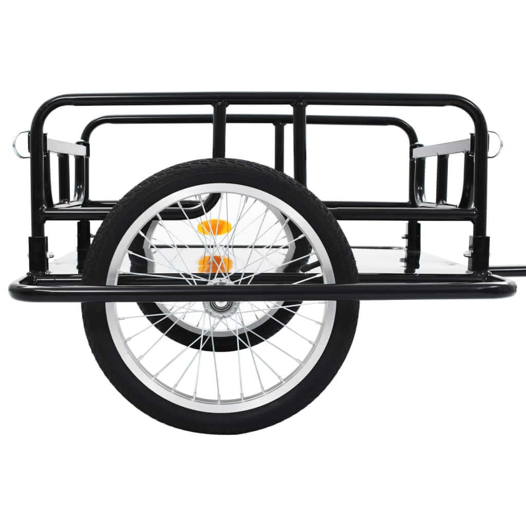 Front view of a black steel bike trailer with two wheels, ideal for transporting outdoor furniture and heavy goods.