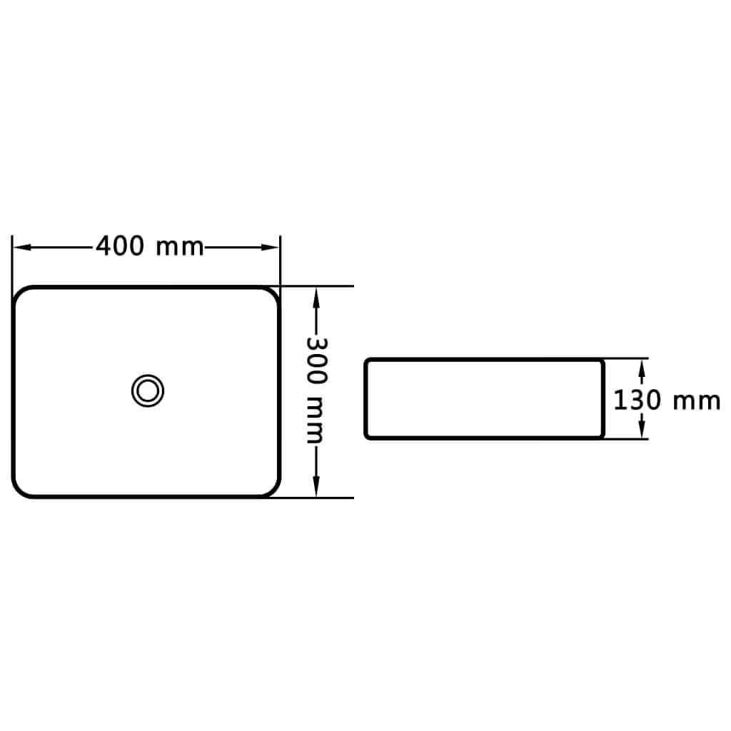 Dimension diagram of a 40x30x13 cm ceramic rectangular wash basin for bathroom design planning.