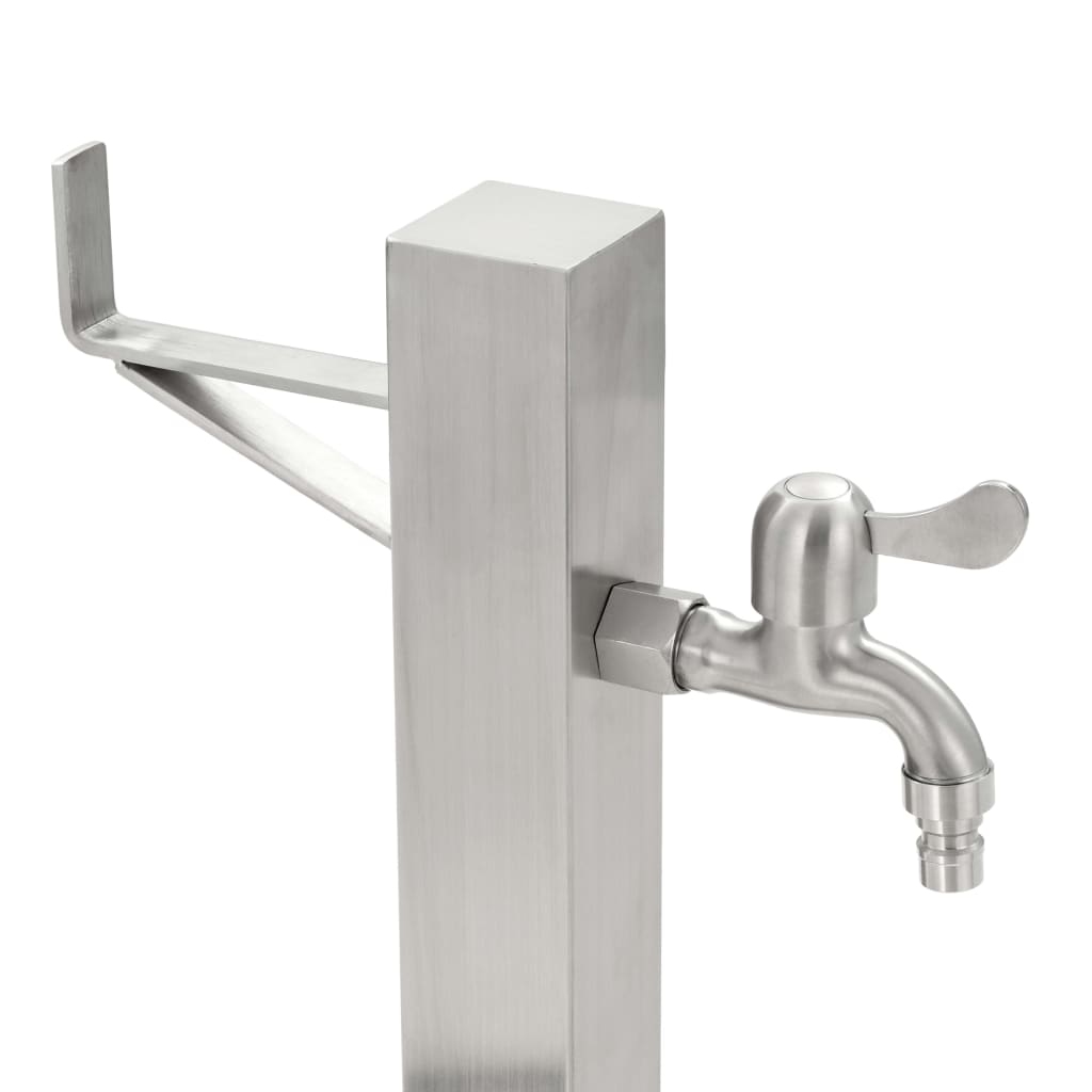 Stainless steel garden water column with faucet and hook for outdoor use, perfect for watering and washing hands.