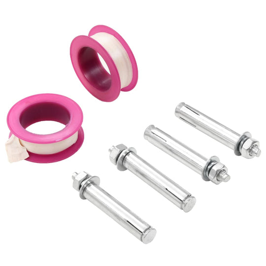 Stainless steel hardware kit with pink Teflon rolls for water column assembly and sealing. Ideal for outdoor furniture setups.