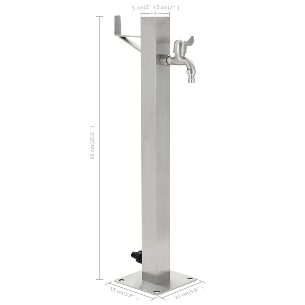 Stainless steel garden water column with faucet and dimensions, ideal for outdoor spaces and easy water access.