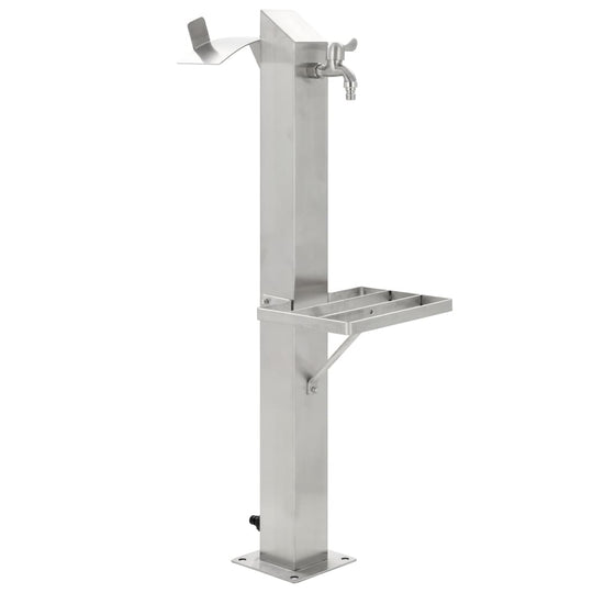 Stainless steel garden water column with faucet and shelf for outdoor use, ideal for watering plants and washing hands.