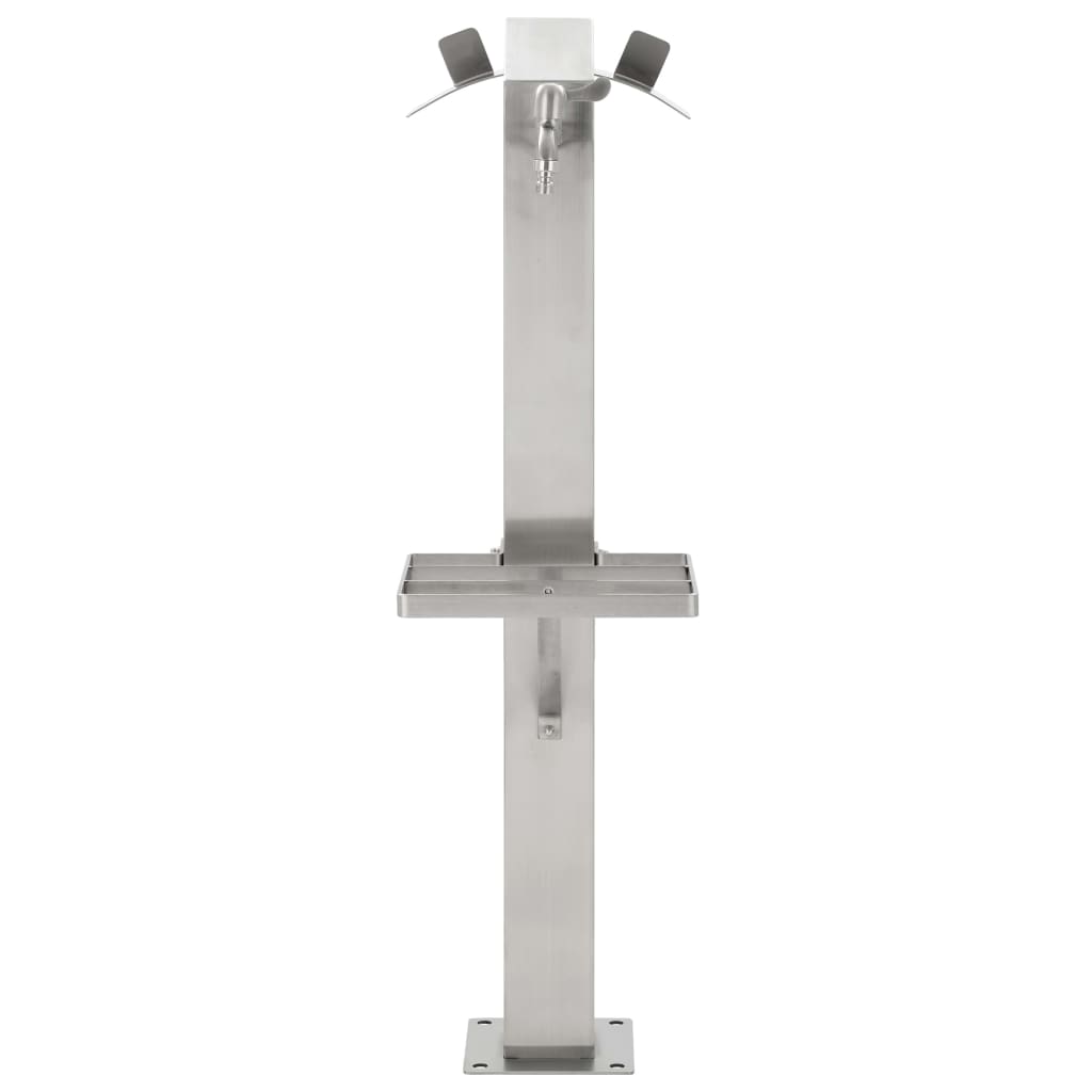 Stainless steel garden water column with faucet and shelf, ideal for outdoor furniture and easy access to fresh water.