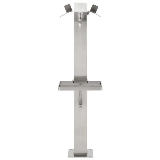 Stainless steel garden water column with faucet and shelf, ideal for outdoor furniture and easy access to fresh water.