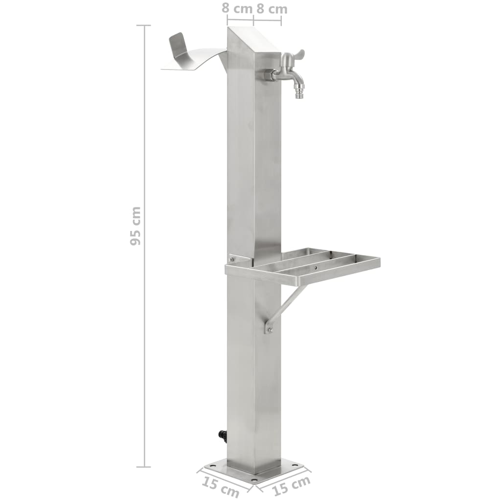 Stainless steel garden water column with faucet and shelf, 95 cm tall, ideal for outdoor use and easy watering.