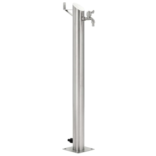 Stainless steel garden water column with faucet, freestanding design for outdoor use, ideal for watering and hand washing.