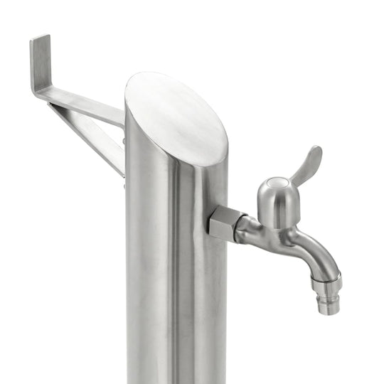 Stainless steel garden water column with faucet and connector, ideal for outdoor furniture and garden use.