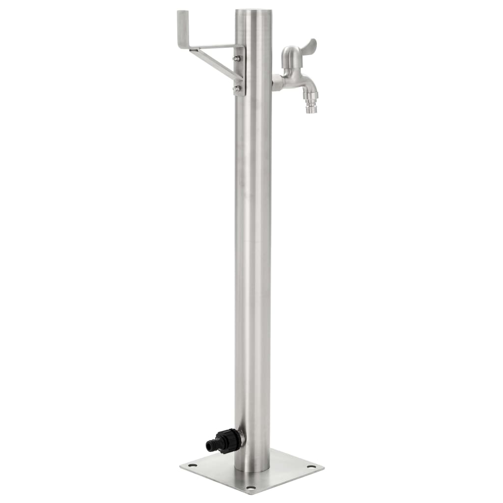 Stainless steel garden water column, 65 cm tall, freestanding with faucet and bottom water hose connector for outdoor use.