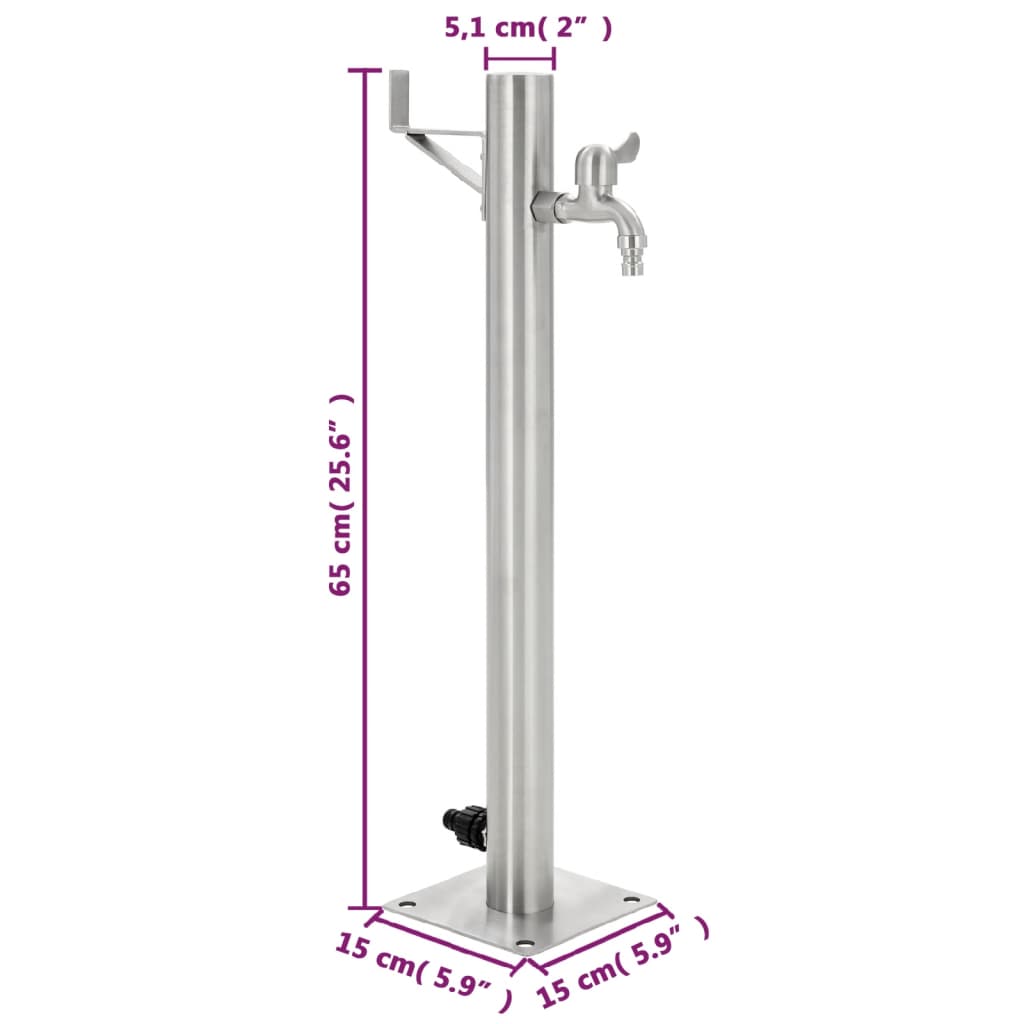 Stainless steel garden water column, 65 cm tall, with faucet and bottom connector for easy outdoor water access.