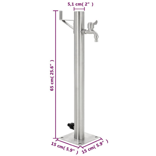 Stainless steel garden water column, 65 cm tall, with faucet and bottom connector for easy outdoor water access.