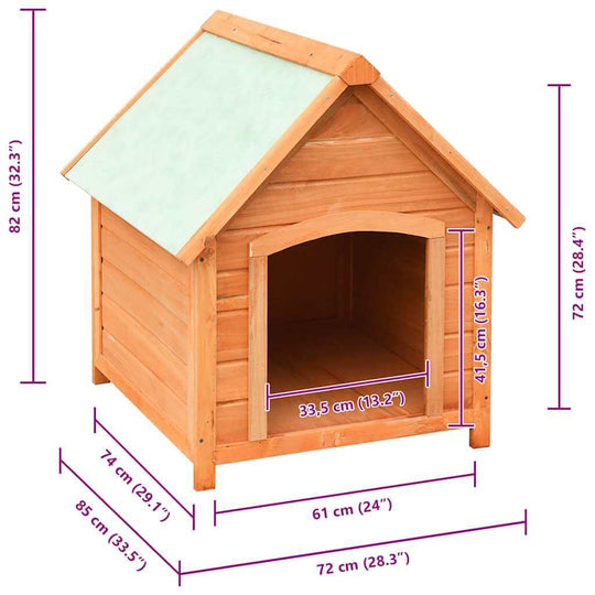 Dog House Solid Pine & Fir Wood 72x85x82 cm with dimensions and sturdy design for outdoor use.
