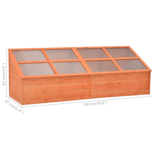 Wooden greenhouse 180x57x62 cm with hinged lid, designed for plants, vegetables, and herbs, complementing outdoor furniture.