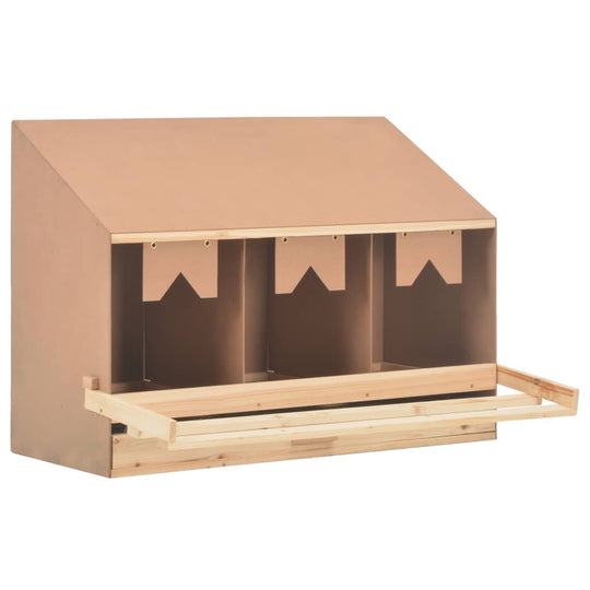 Wooden chicken laying nest with three compartments and removable drawer for easy egg collection.