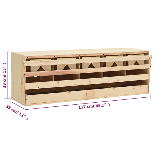 Chicken nesting box with 5 compartments, dimensions 117x33x38 cm, made from solid pine wood for easy egg collection.