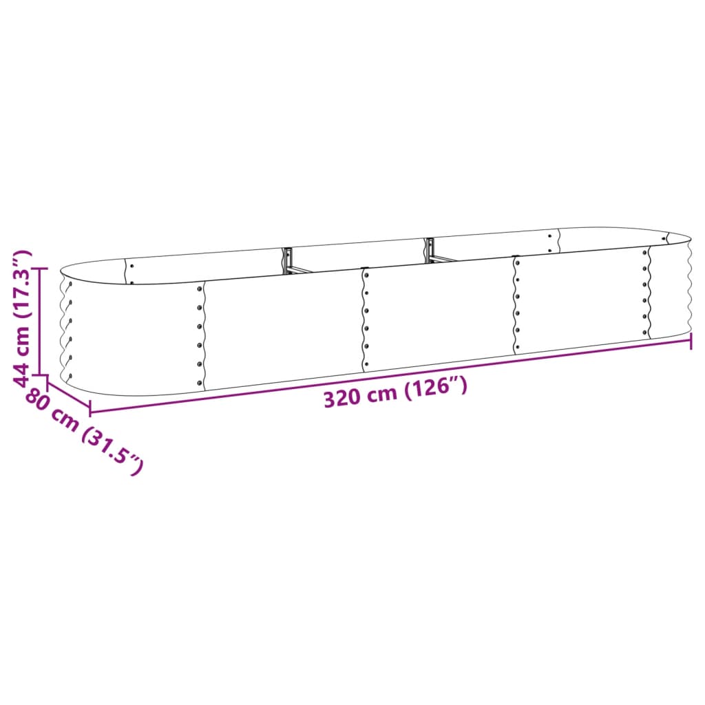 Garden raised bed dimensions 320x80x44 cm in galvanised steel, perfect for outdoor gardening and planting.