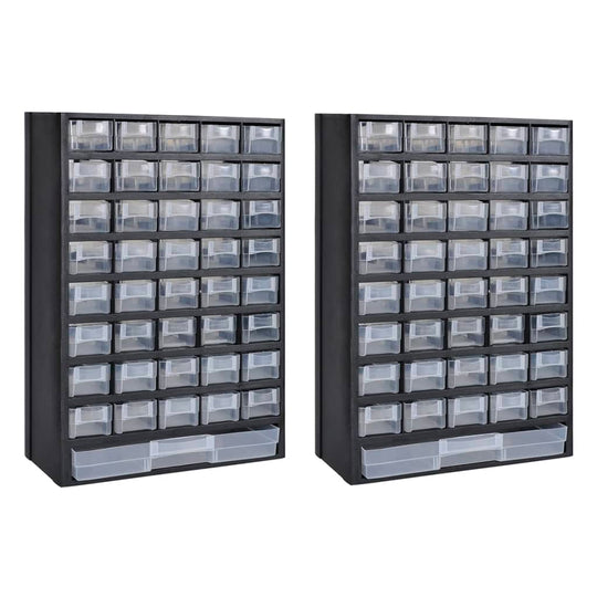 41-drawer plastic storage cabinet tool box set with 40 small and 2 large drawers for organizing small items and accessories.