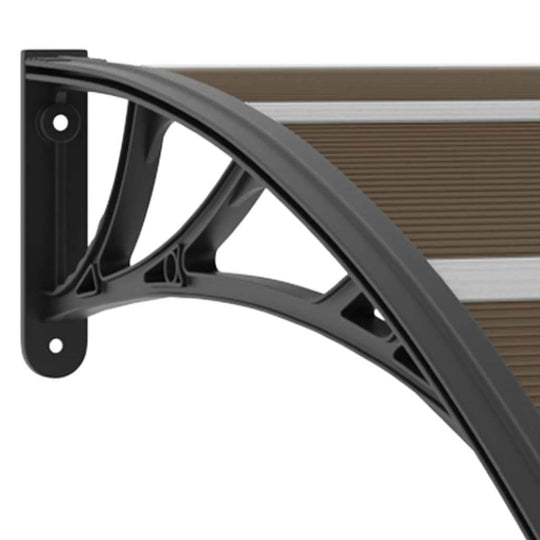 Close-up of durable black plastic bracket for door canopy, showcasing strong construction and weather resistance.