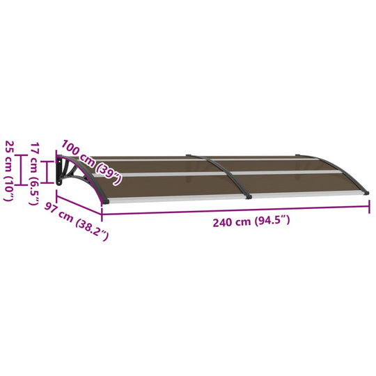 Door canopy dimensions showing black polycarbonate structure, 240x100 cm, ideal for outdoor use and protection from rain.