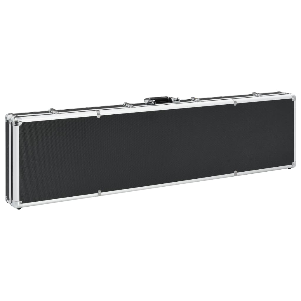 Black aluminum gun case measuring 134x35x12 cm, featuring a durable design with foam interior for shock resistance and security.