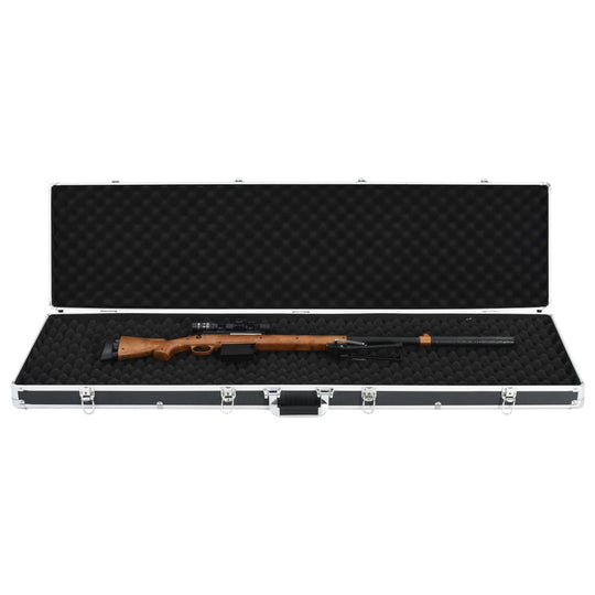 Open aluminium gun case showcasing a rifle with shock-resistant foam interior for secure storage and transport.