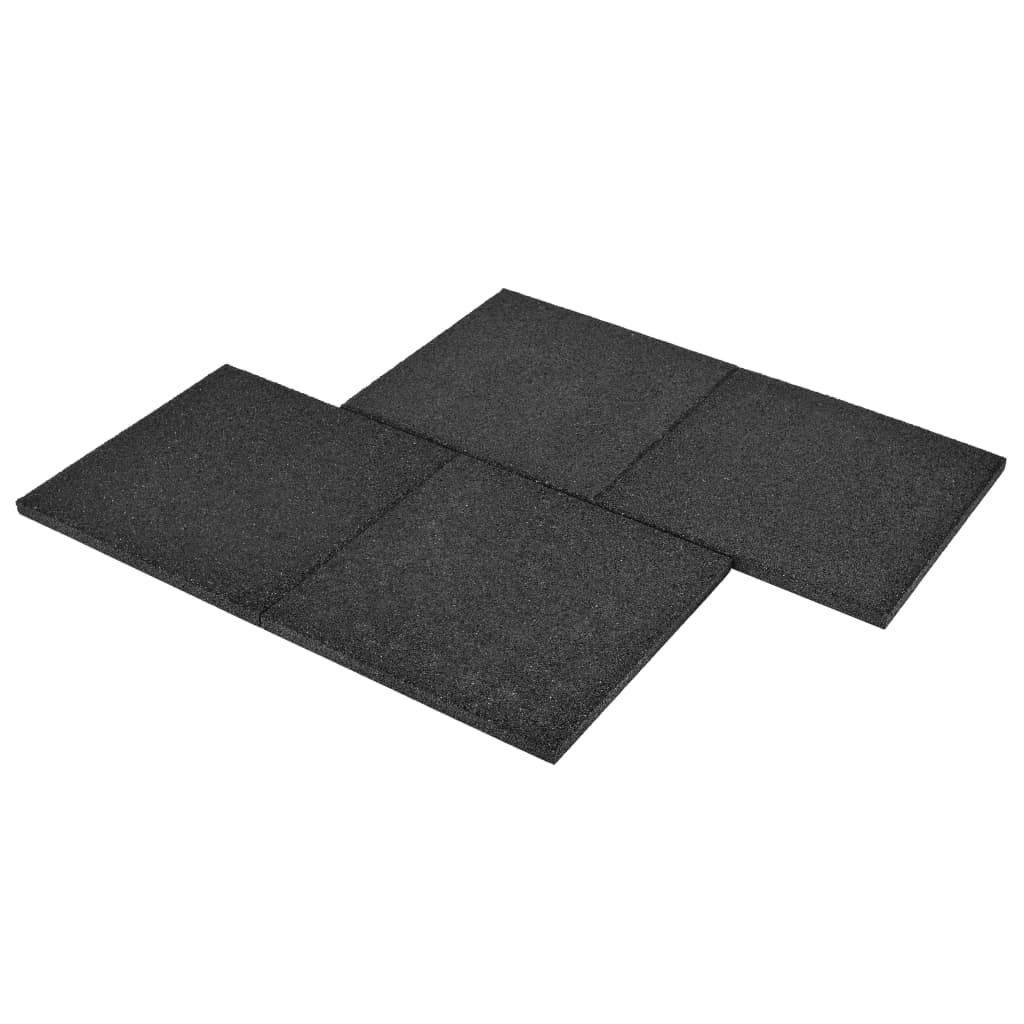 Four black rubber fall protection tiles 50x50x3 cm arranged, ideal for outdoor use and children's play areas.