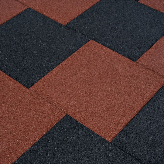 Fall protection rubber tiles in black and red, ideal for outdoor use in play areas and walkways.