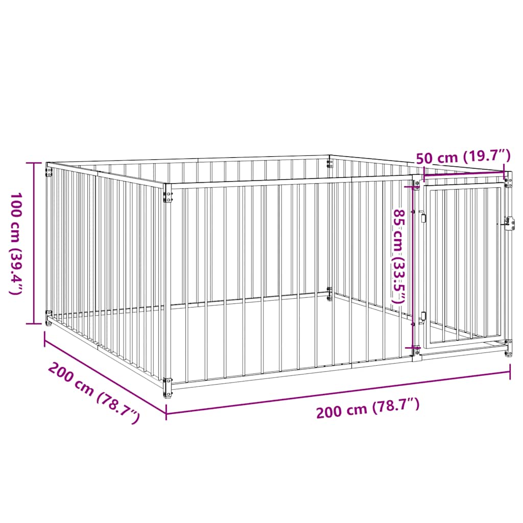 Diagram of Outdoor Dog Kennel 200x200x100 cm, showcasing steel bar dimensions and entrance for pet safety and exercise space.