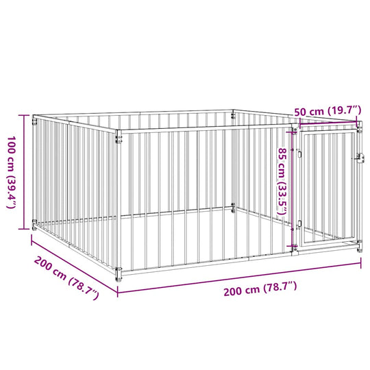 Diagram of Outdoor Dog Kennel 200x200x100 cm, showcasing steel bar dimensions and entrance for pet safety and exercise space.