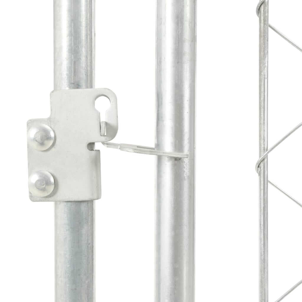 Close-up of a metal latch and post for an outdoor dog kennel, featuring durable chain link design.