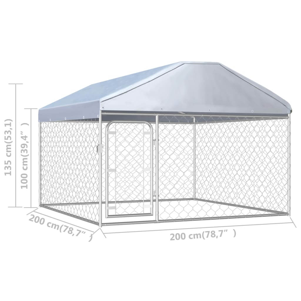 Outdoor dog kennel with roof, dimensions 200x200x135 cm, providing safety and comfort for pets.