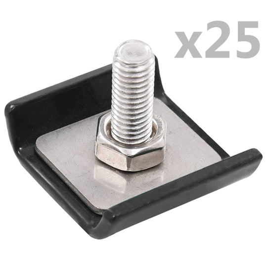 Grid mat connector with bolt and plate, sold in sets of 25, suitable for durable outdoor furniture assembly.