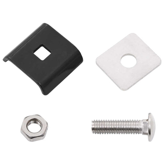 Grid mat connector set including front plate, counter plate, screw, and nut for outdoor furniture assembly.