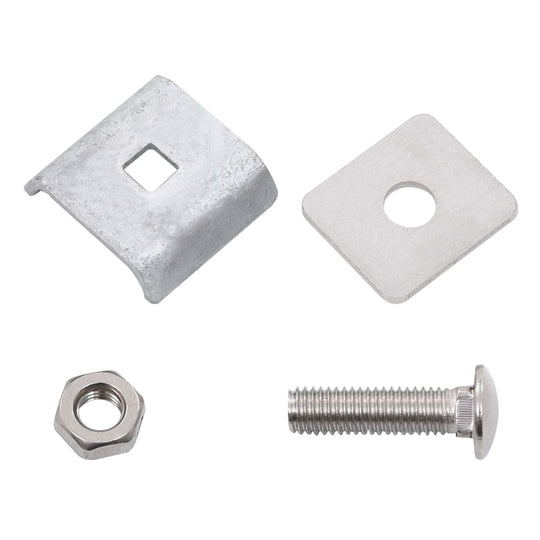 Grid mat connector set including front plate, counter plate, screw, and nut, made of rust-resistant galvanized steel.