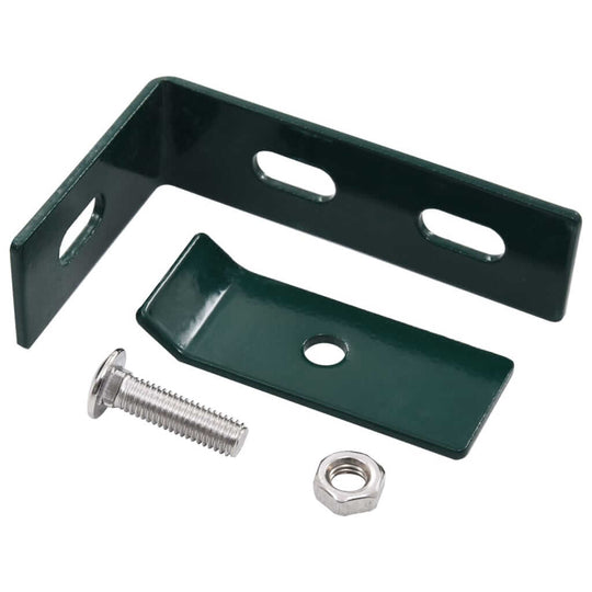 Green wall corner connector set with screw and nut for outdoor furniture installation, ideal for secure fencing solutions.